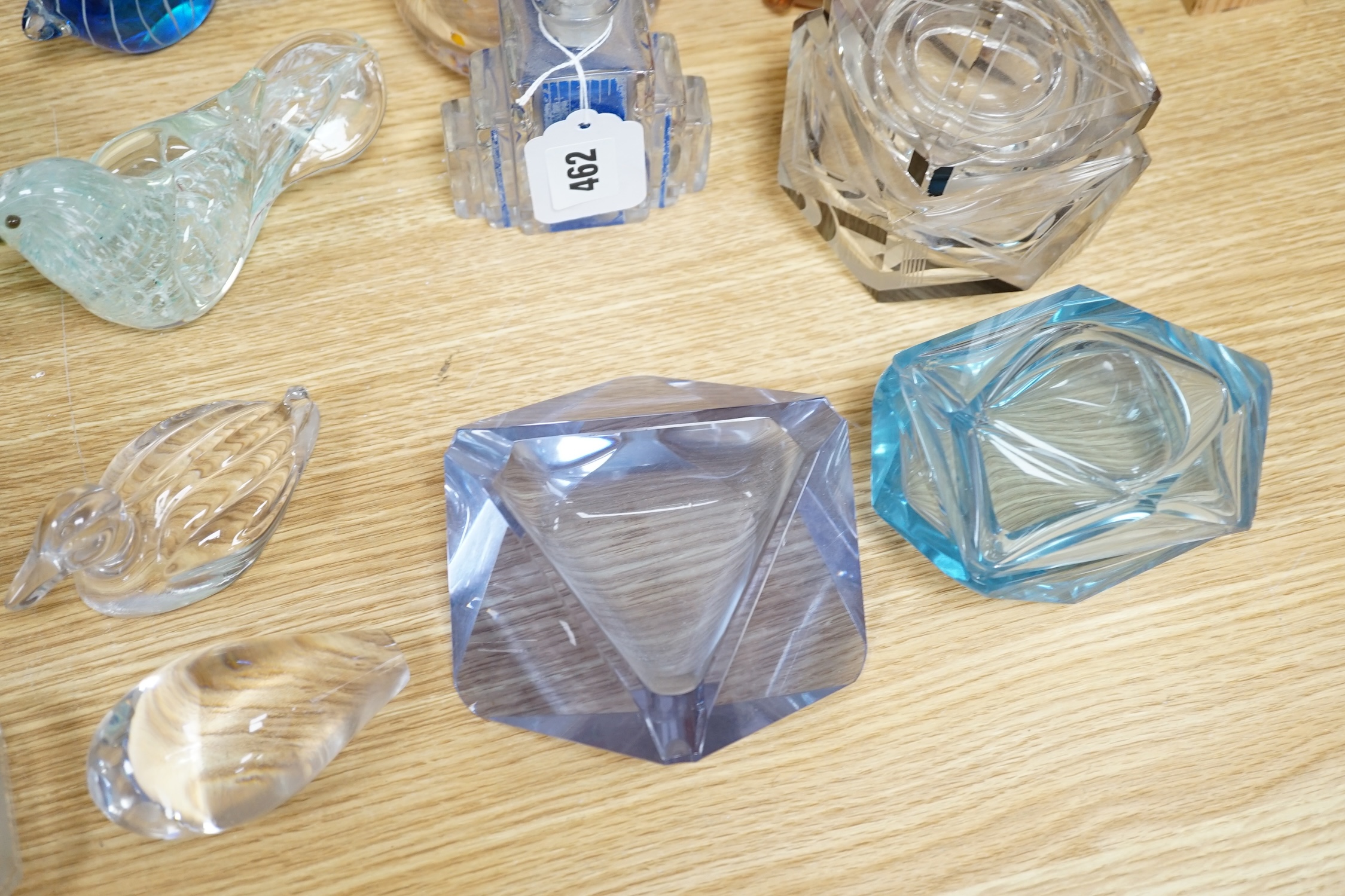 A collection of clear and coloured art glassware, including an Art Deco scent bottle and stopper and a pot and cover, largest 54cm in length. Condition - mostly fair
